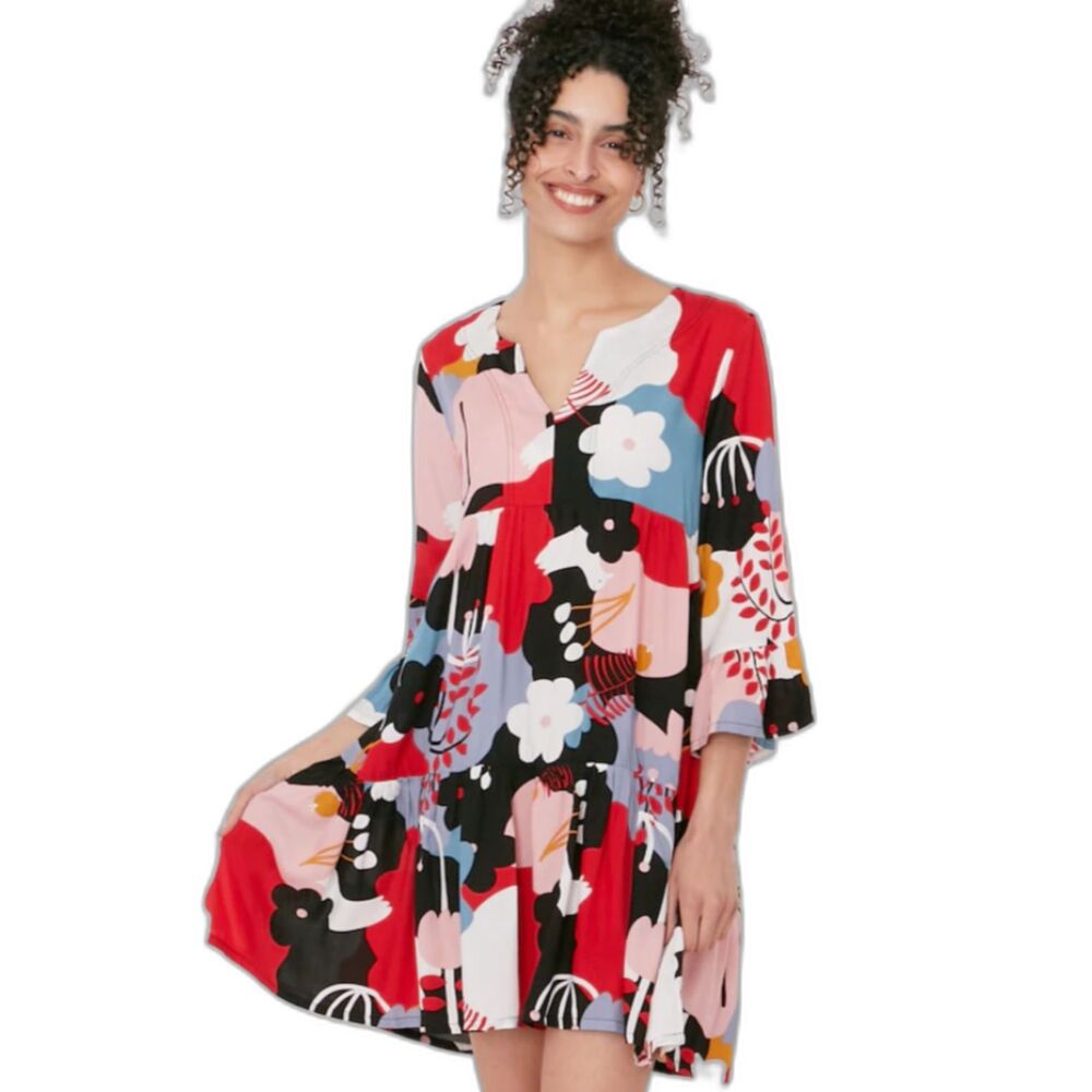 Shannon Passero 3/4 Sleeve Tiered Dress Floral Birds V-neck Art to Wear Colorful
